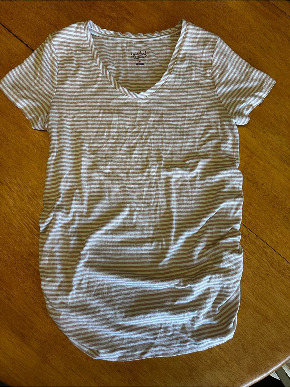 Striped Short-Sleeve V-Neck Maternity Top - White & Peach